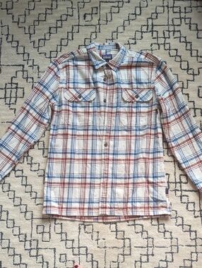 Patagonia Plaid Button-Up Flannel Shirt in Cream, Blue & Brown, Medium